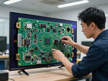A technician testing the back panel circuits of a large LED TV under bright workshop lights