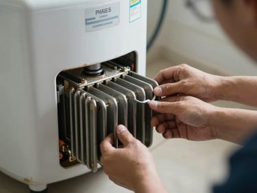A professional replacing the heating element of an electric water geyser, clear natural light