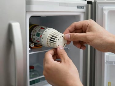 Close-up of hands installing a new thermostat inside a double-door residential refrigerator