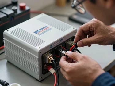 Technician checking the battery terminal connections of a home power inverter system