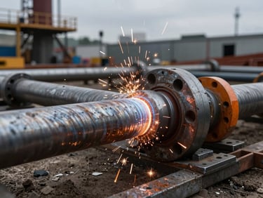 Macro close-up of a high-precision steel pipe weld on an active infrastructure site, bright sparks flying, industrial setting, dramatic lighting, safety amber accents