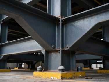 Close-up macro shot of heavy structural steel joints and massive bolts on an industrial building foundation