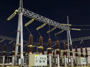 Close-up of industrial electrical substation equipment and high-voltage lines, crisp architectural lighting