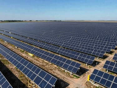 Wide aerial drone shot of a utility-scale solar array stretching to the horizon under a crisp midday sun