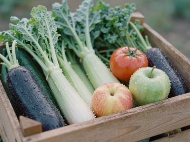 A rustic wooden crate filled with a variety of seasonal organic vegetables and fruits, dew drops visible, soft natural morning light, earthy organic tones, shallow depth of field, 35mm film
