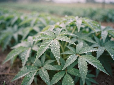 Close-up of dew drops clinging to fresh green leaves in an organic farm field, soft natural morning light, earthy organic tones, shallow depth of field, 35mm film