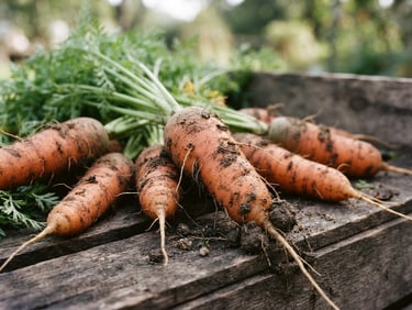 Close-up of freshly harvested, unwashed carrots with soil clinging to roots, resting on a rustic wooden crate, soft morning light, shallow depth of field.