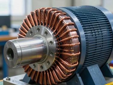 Macro close-up of copper wire winding on a heavy electric motor stator inside a bright workshop, metallic reflections, 35mm lens