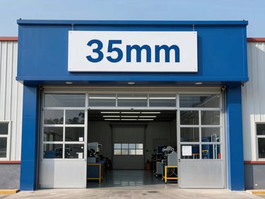 Front view of an industrial electromechanical workshop storefront with a wide garage door entrance, clean sign, bright natural daylight, 35mm lens