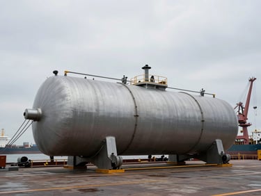 Wide-angle overcast daylight shot of a two-hundred-ton steel pressure vessel secured onto a cargo ship deck, heavy rigging lines, industrial port crane in background.
