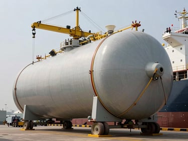 Massive cylindrical pressure vessel being secured onto a heavy-lift cargo ship at Kandla port, overcast daylight, industrial rigging details.