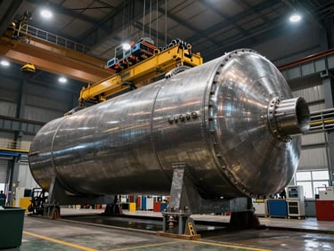Wide-angle view of a heavy fabrication bay with overhead cranes lifting a massive steel cylindrical vessel under dramatic industrial lighting.