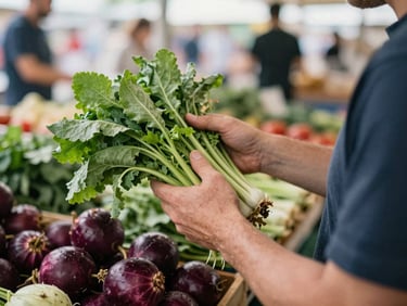 Close-up of a farmer proudly displaying fresh produce at a bustling market stall, soft natural light, shallow depth of field, warm tones.