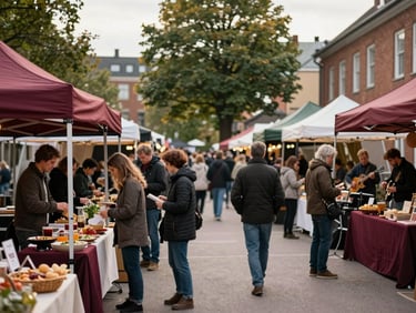 Wide shot of a vibrant outdoor food market event, people browsing, musicians playing, soft Scandinavian daylight, deep crimson and forest green accents.