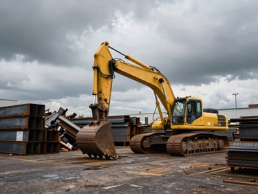 Wide-angle industrial steel yard under dramatic overcast daylight, heavy yellow excavator sorting scrap metal, desaturated steel tones, 35mm