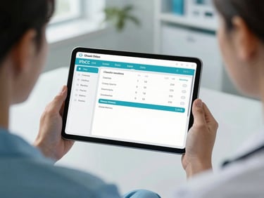Over-the-shoulder view of a clinician using a tablet displaying a highly structured, clean clinical dashboard interface in a bright, modern clinic with cool daylight.