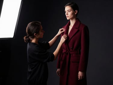 Editorial portrait of a fashion stylist adjusting a structured burgundy coat on a model, dramatic chiaroscuro shadows, high-contrast studio strobes, rich tones, 35mm.