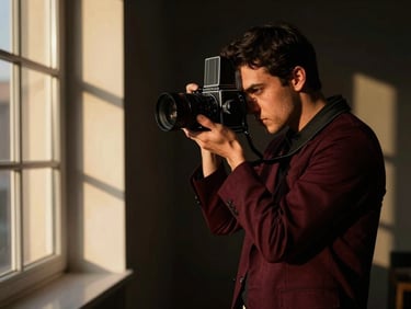 A photographer operating a medium-format camera in a dark studio, dramatic chiaroscuro shadows, warm golden-hour window light, sharp focus