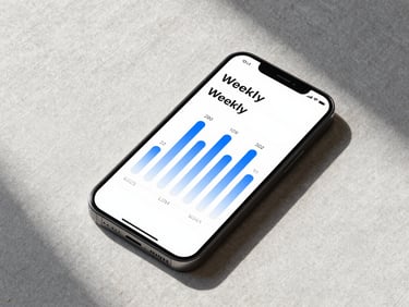 Overhead flat-lay of a minimalist phone interface showing a weekly progress timeline with ice-blue gradient bars and clean typography, placed on a pale linen surface under soft north-facing daylight