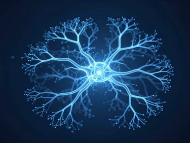 Abstract ice-blue neural network rendered as elegant glowing line drawings on a deep navy background, branching pathways illuminated in soft neon blue, one central node pulsing with brighter light, wide landscape framing with generous negative space at the edges