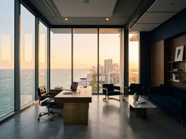 Wide shot of a modern, minimalist office interior with a large window overlooking the Hallandale Beach coastline at golden hour, sharp architectural lines, filtered sunlight, deep navy and gold tones, high contrast, 35mm lens.