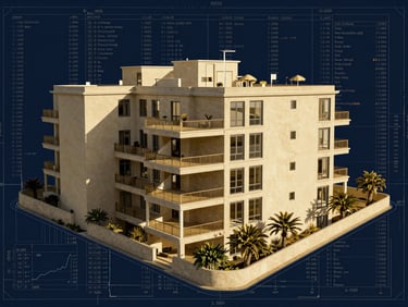 Architectural blueprint overlayed with digital financial data, sharp focus, deep navy and gold tones, high contrast.
