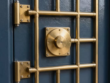 Close-up of a high-security vault door with intricate locking mechanisms, brushed gold accents, sharp shadows.