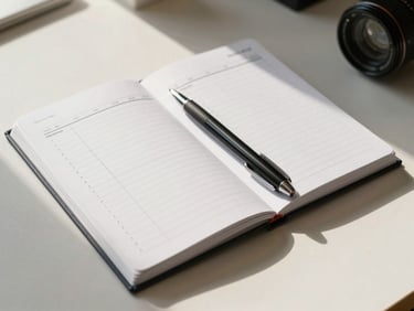 Overhead shot of an open notebook with a structured content calendar grid, fine-tip pen resting diagonally across the page, warm daylight from the upper left, clean off-white desk surface