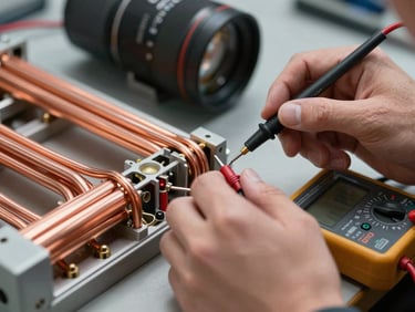 Hands of a certified technician using a digital multimeter to test voltage on a modern copper busbar system.