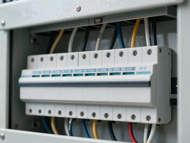 Macro close-up of a clean, modern electrical panel, perfectly routed and labeled wires, bright clear daylight highlighting technical precision