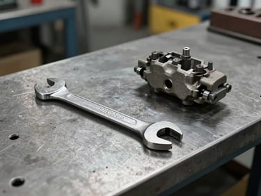 A heavy metal wrench resting on a clean steel workbench next to a newly installed brake caliper, industrial workshop lighting