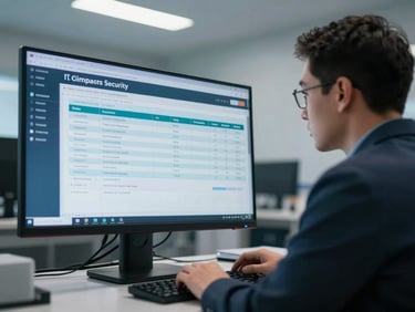 Healthcare IT security professional reviewing compliance status on a large monitor in a clinical operations room, cool overhead lighting, visible data architecture on screen showing access control and audit logs, mid-range shot focusing on screen and operator