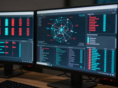 Close-up of a multi-monitor SOC workstation displaying live threat intelligence dashboards with red and cyan alert indicators, network topology overlays, and real-time event streams, cool monitor glow lighting