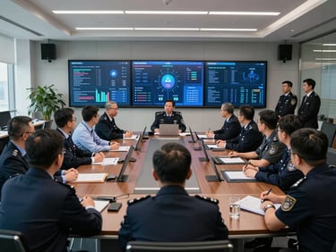 Wide environmental shot of a large enterprise security briefing room, executives and security leads gathered around a conference table with wall screens displaying threat intelligence dashboards, cool daylit corporate environment, mid-range framing showing the full room