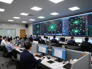 Wide shot of a government agency operations room with rows of workstations and large wall-mounted display screens showing network topology and threat maps, cool fluorescent overhead lighting, personnel in professional attire monitoring live data feeds, mid-range environmental framing