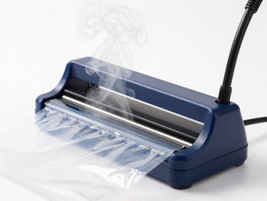 Close-up of a portable mini sealing machine sealing a plastic bag, steam rising, bright studio lighting, clean background