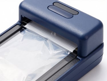 Close-up of a compact portable plastic bag sealer sealing a snack pack, bright high-key studio lighting, modern aesthetic