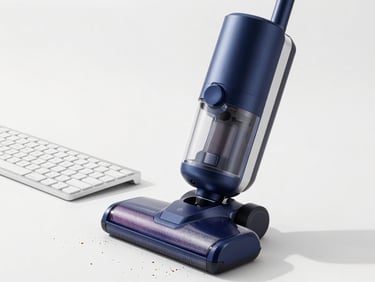 Close-up of a minimalist desktop vacuum cleaner sweeping crumbs off a white keyboard, bright studio lighting, crisp details