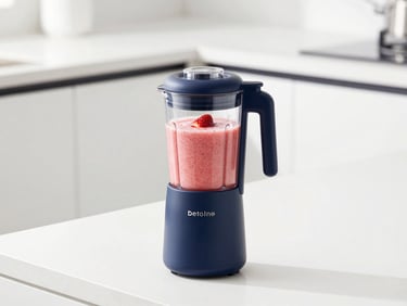 A sleek portable mini blender filled with fresh strawberry smoothie, placed on a clean white countertop, bright high-key studio lighting.