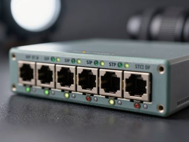 Close-up macro shot of a managed enterprise switch front panel, visible SFP+ ports and status LEDs, even studio strobe lighting, dark neutral background