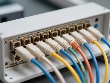 Close-up of fiber optic patch panel with LC connectors and colored fiber cables neatly dressed, even diffuse lighting on white rack background