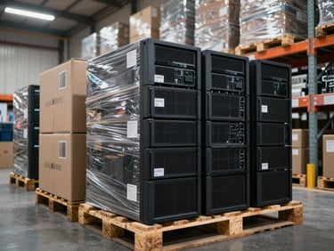 Wide shot of a warehouse aisle with neatly palletized server and networking equipment boxes stacked on metal shelving, cool overhead lighting, barcodes visible, no people