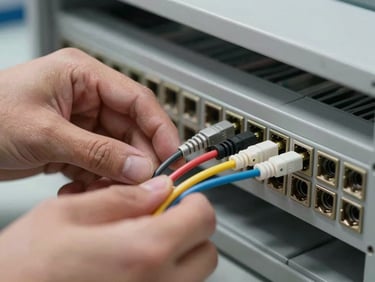 Hands inspecting a fiber optic cable termination at a patch panel, diffuse studio light, connectors in sharp focus, grey cable management tray visible in background
