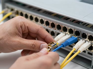 Close-up of a technician's hands connecting a fiber LC connector into a patch panel port, cable management tray visible in the background, even diffuse studio lighting, sharp product detail