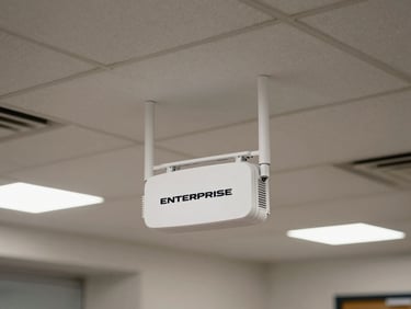 Enterprise wireless access point mounted on ceiling tile in an office corridor, visible antenna array, even neutral overhead lighting