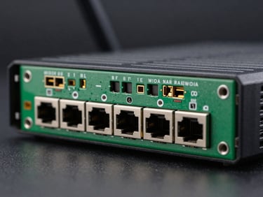 Macro detail of enterprise router rear panel showing WAN interfaces, console port, and module bays, diffuse studio lighting on dark background