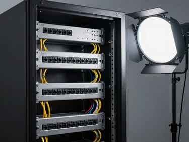 Open server rack cabinet showing cable management arms, patch panels, and power distribution units, studio strobe lighting, neutral background