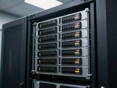 Rack-mounted 1U server front panel in a server room, drive bays and indicator LEDs visible, diffuse overhead lighting, neutral dark background