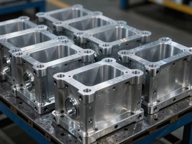 Close-up of neatly stacked, freshly machined aluminum engine mounts on a clean factory pallet, metallic sheen, industrial lighting