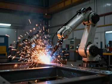 Industrial welder robot working on heavy steel frame, bright orange sparks, dramatic low-key lighting, cool metallic background.